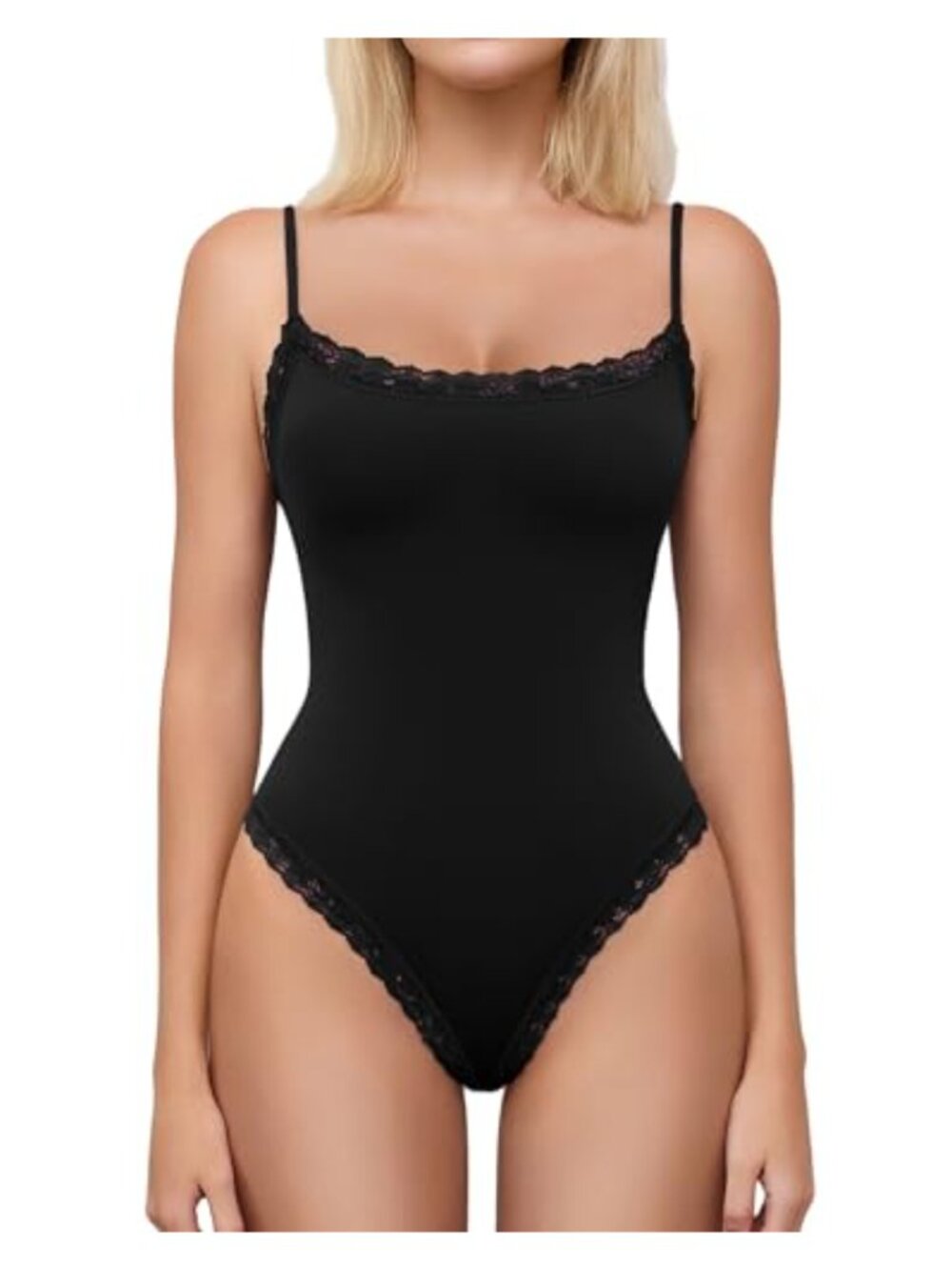 Lace Trim Square Neck Sleeveless Bodysuit Spaghetti Strap Tank Top